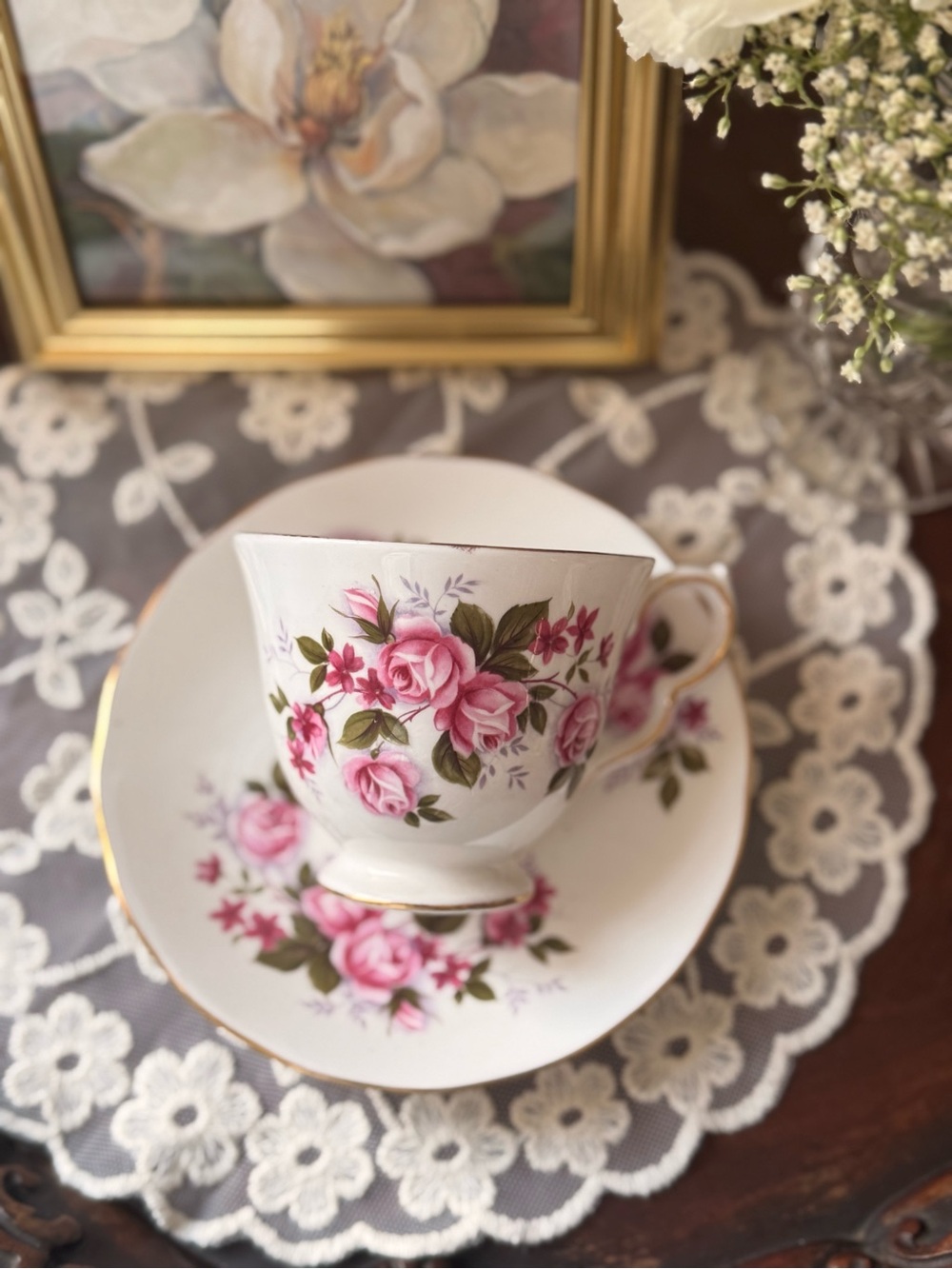 Classic Floral Pink Rose Bone China Teacup and Saucer Set